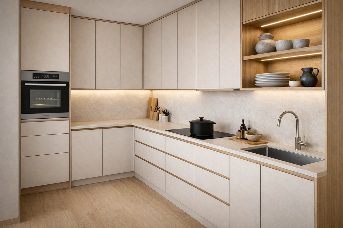 Cozinha planejada moderna Kasani Planejados Gravataí, design funcional e otimização de espaço para culinária e convívio social.