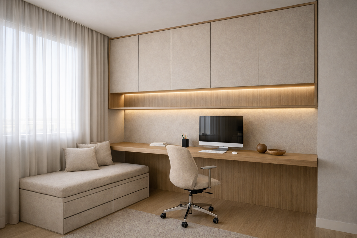 Home office planejado ergonômico Kasani Planejados, móveis sob medida para produtividade e espaço de trabalho funcional em Gravataí.