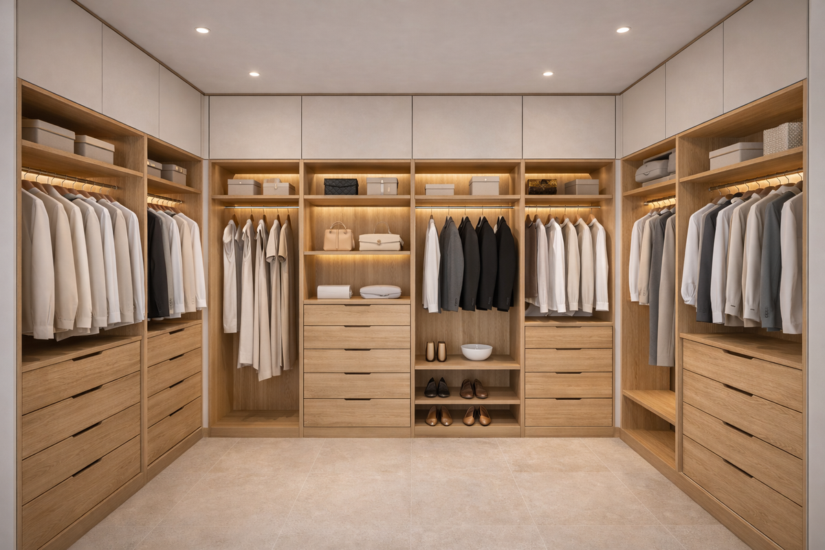 Closet planejado de luxo Kasani Planejados, organização sofisticada e marcenaria inteligente para roupas e acessórios na região metropolitana.