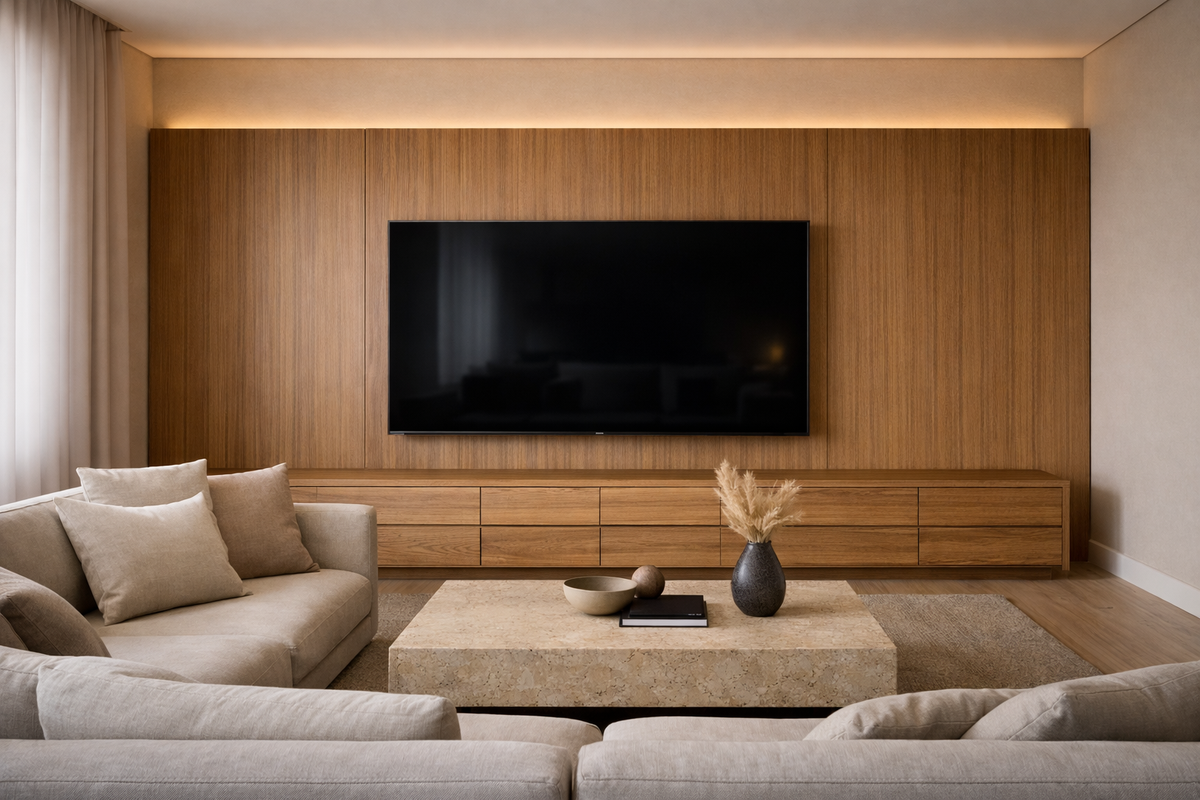 Sala de estar planejada Kasani Planejados, ambiente moderno e elegante com painel de TV e estante sob medida para entretenimento em Gravataí.